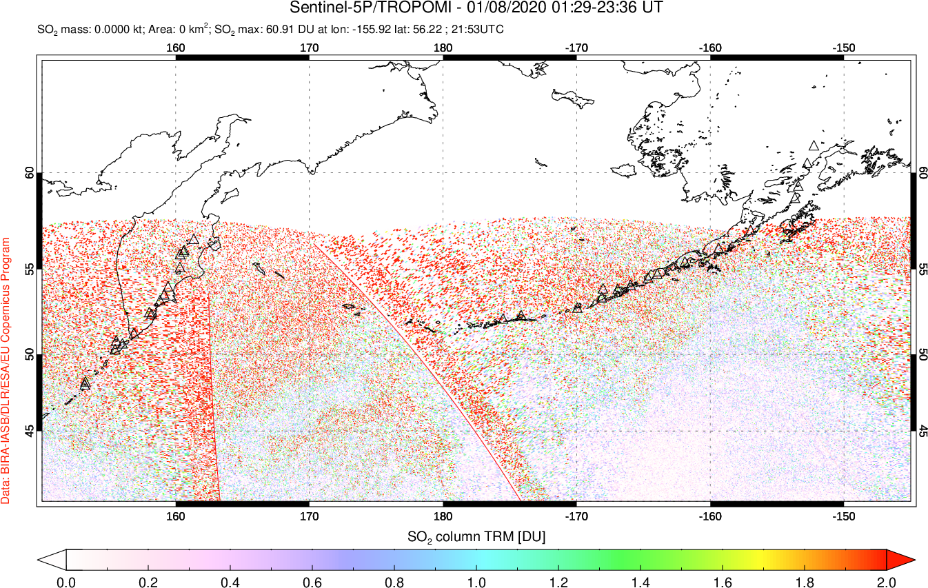 A sulfur dioxide image over North Pacific on Jan 08, 2020.