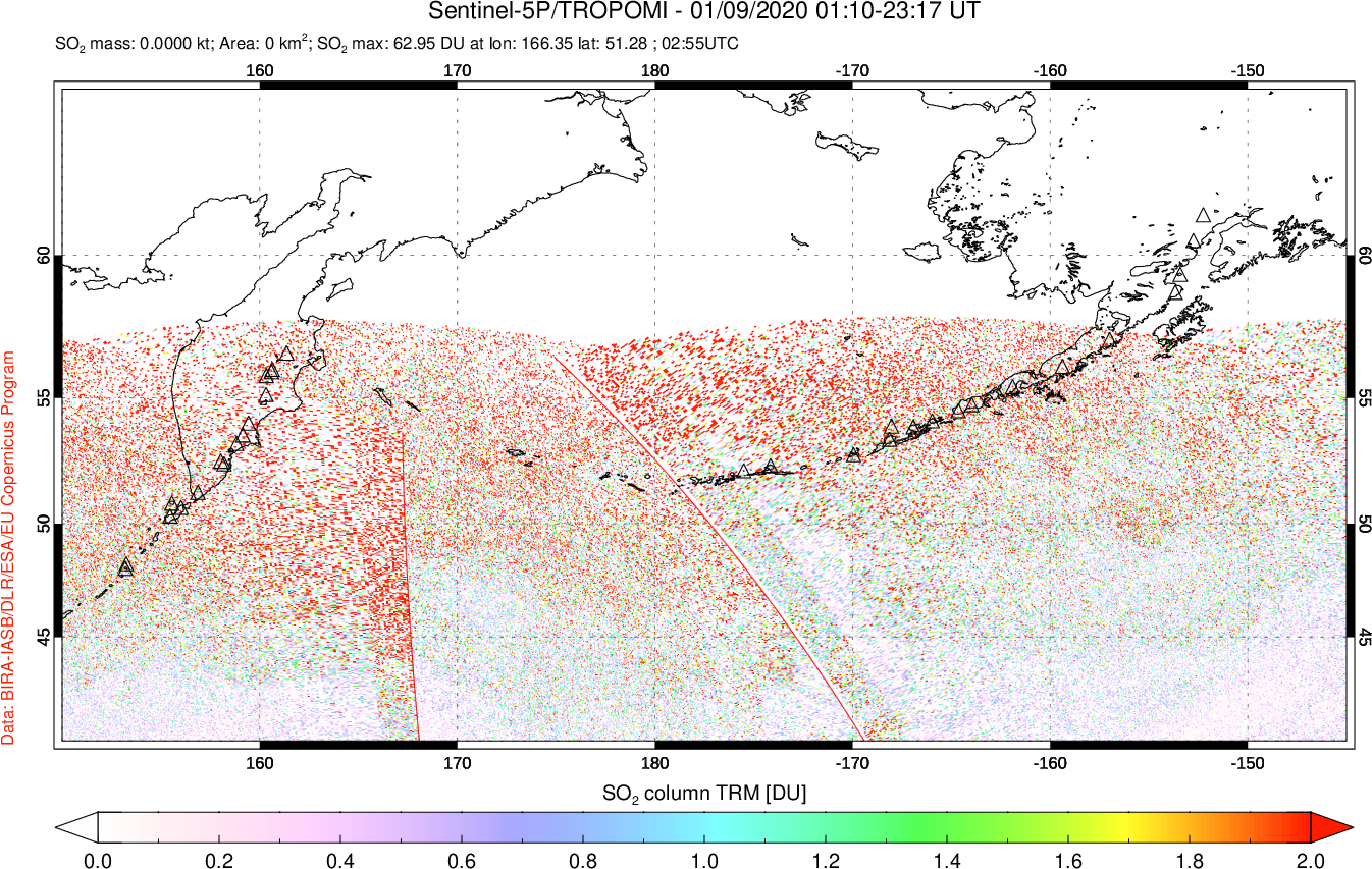 A sulfur dioxide image over North Pacific on Jan 09, 2020.