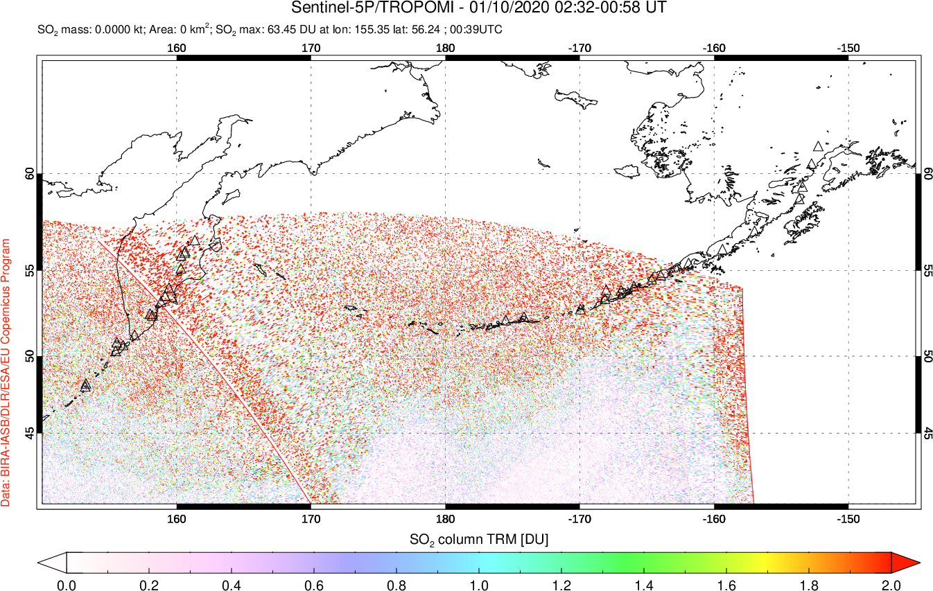 A sulfur dioxide image over North Pacific on Jan 10, 2020.