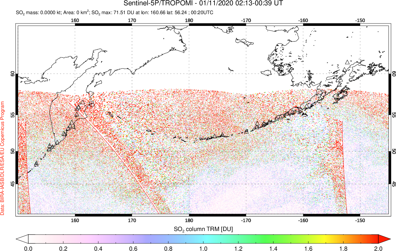 A sulfur dioxide image over North Pacific on Jan 11, 2020.