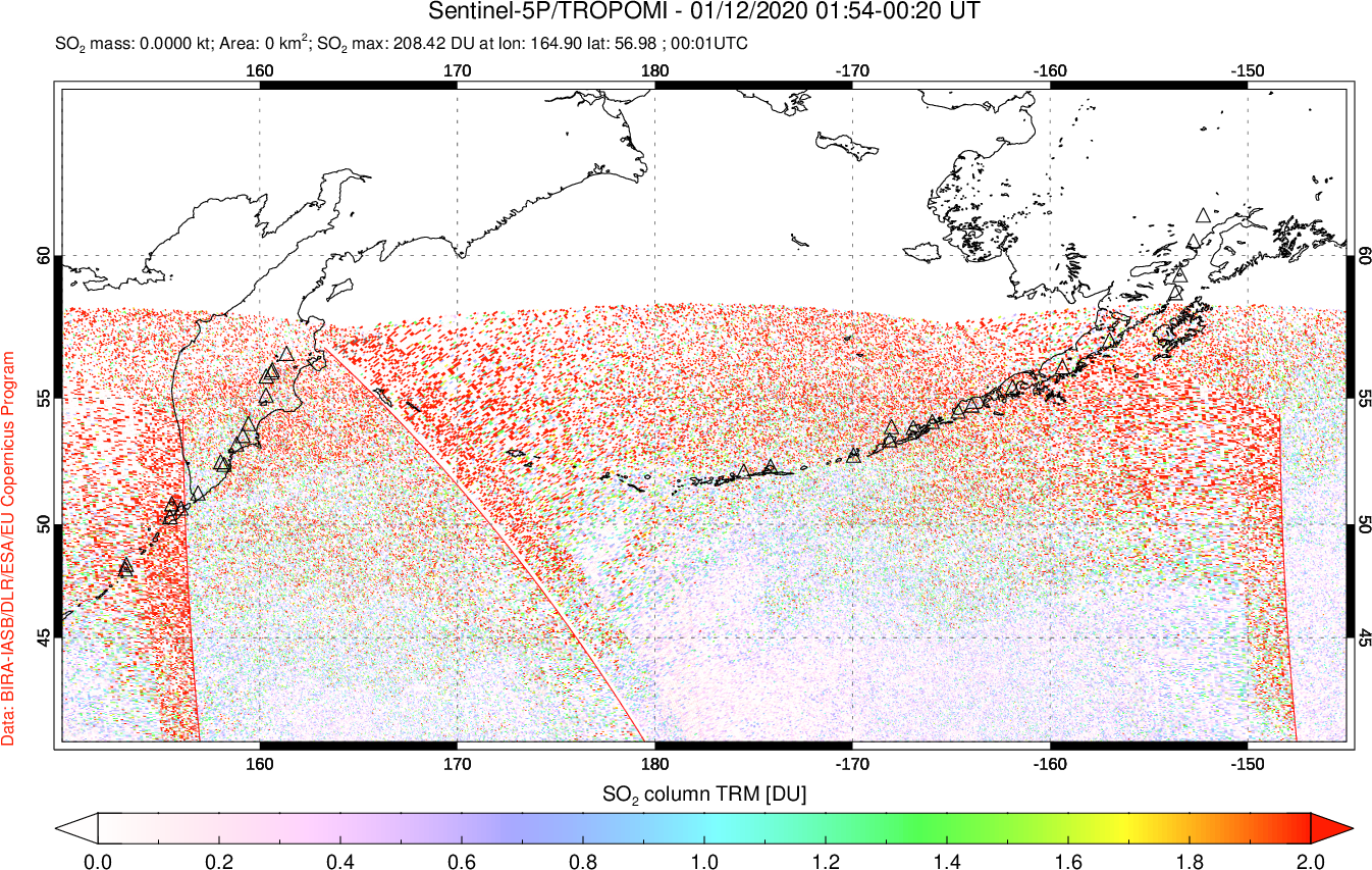 A sulfur dioxide image over North Pacific on Jan 12, 2020.