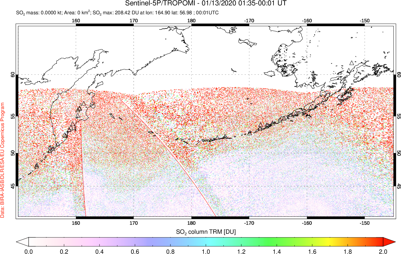 A sulfur dioxide image over North Pacific on Jan 13, 2020.
