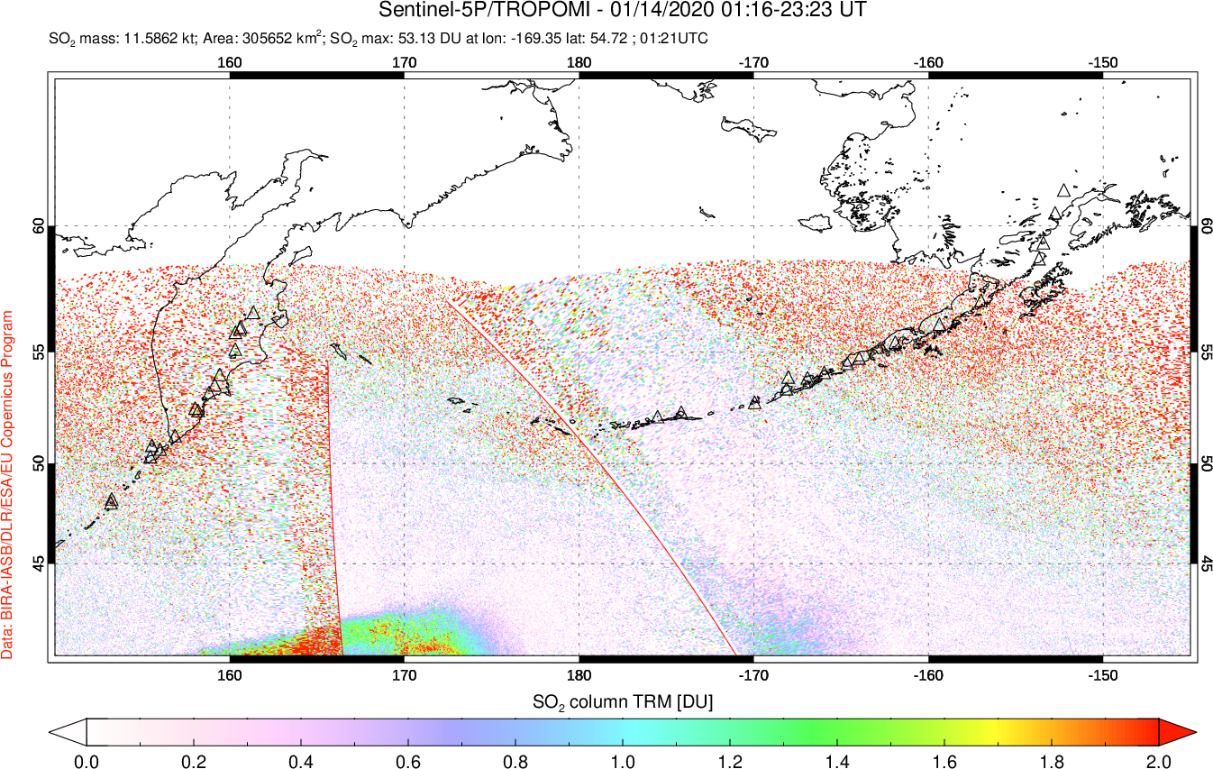 A sulfur dioxide image over North Pacific on Jan 14, 2020.
