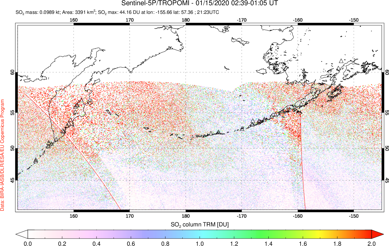 A sulfur dioxide image over North Pacific on Jan 15, 2020.