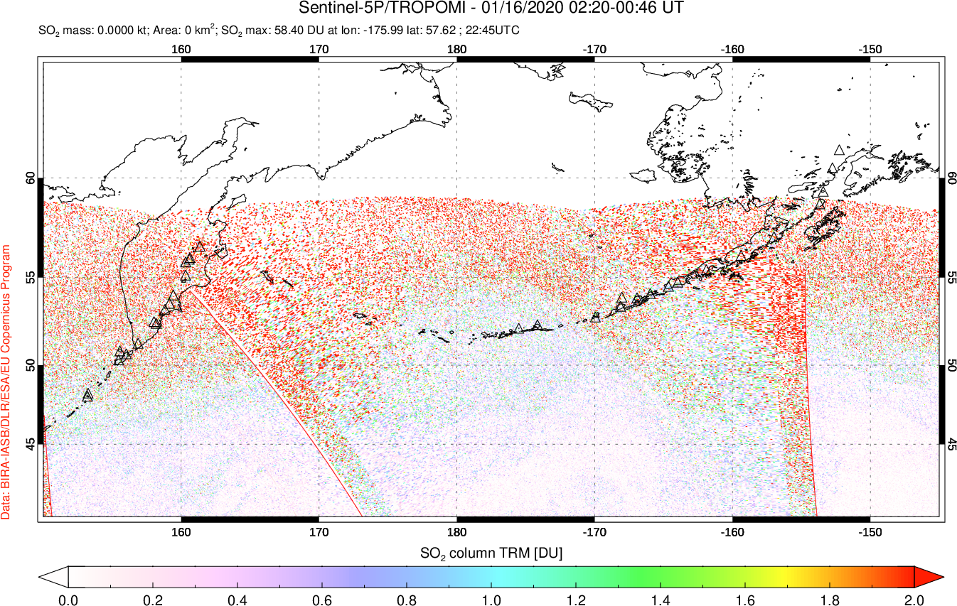 A sulfur dioxide image over North Pacific on Jan 16, 2020.