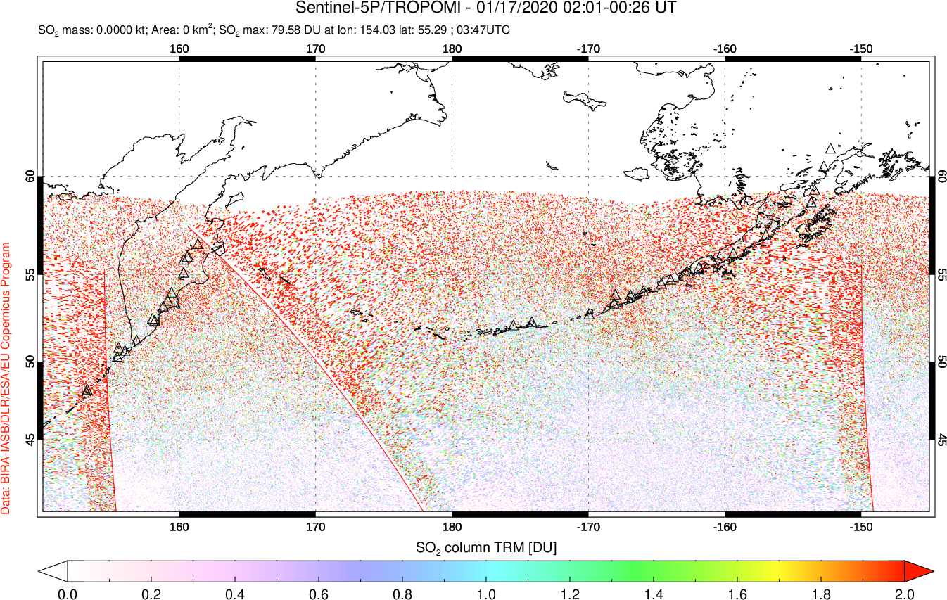 A sulfur dioxide image over North Pacific on Jan 17, 2020.
