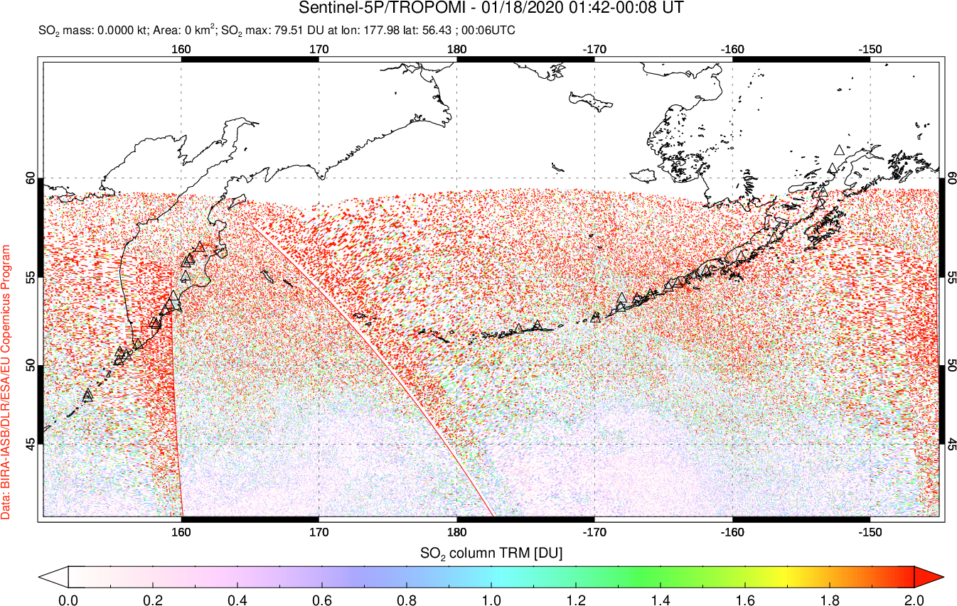 A sulfur dioxide image over North Pacific on Jan 18, 2020.