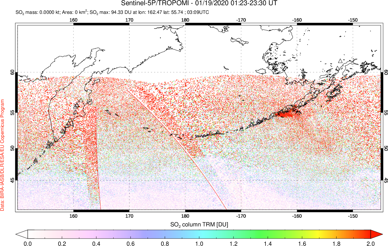 A sulfur dioxide image over North Pacific on Jan 19, 2020.