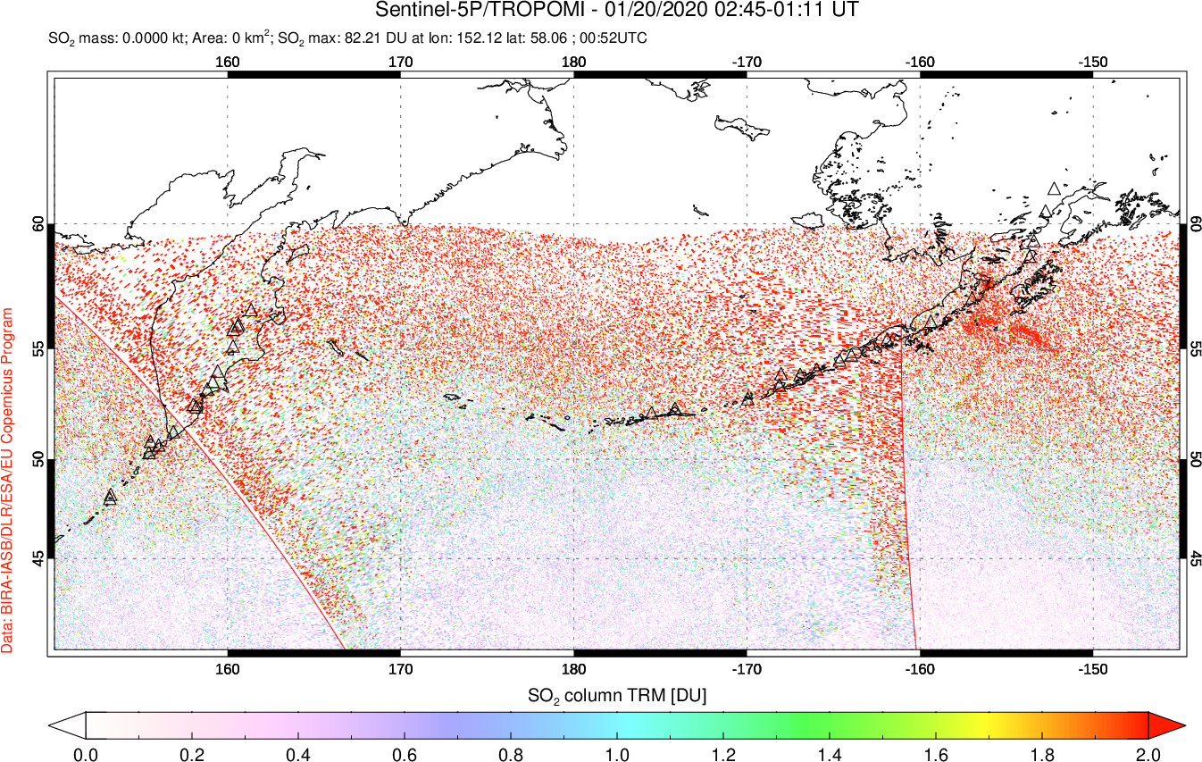 A sulfur dioxide image over North Pacific on Jan 20, 2020.