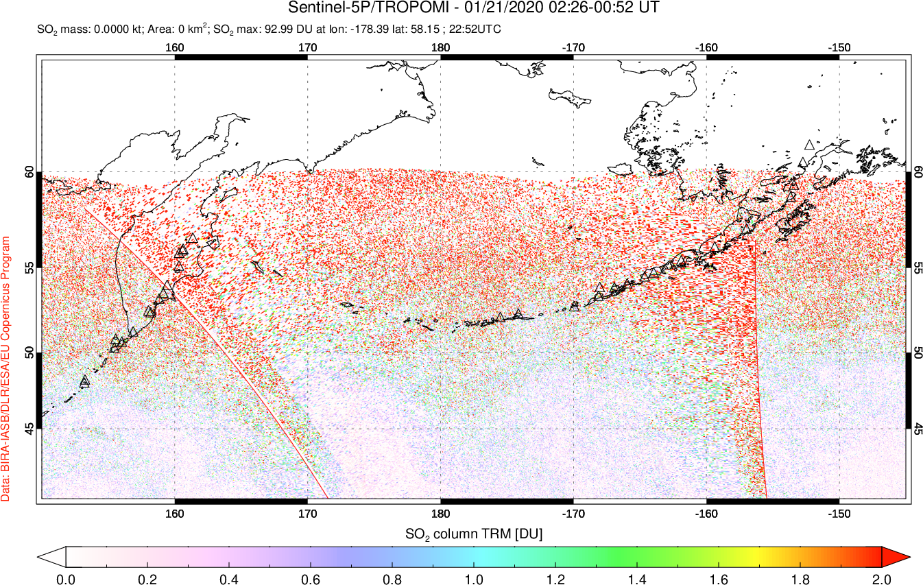 A sulfur dioxide image over North Pacific on Jan 21, 2020.