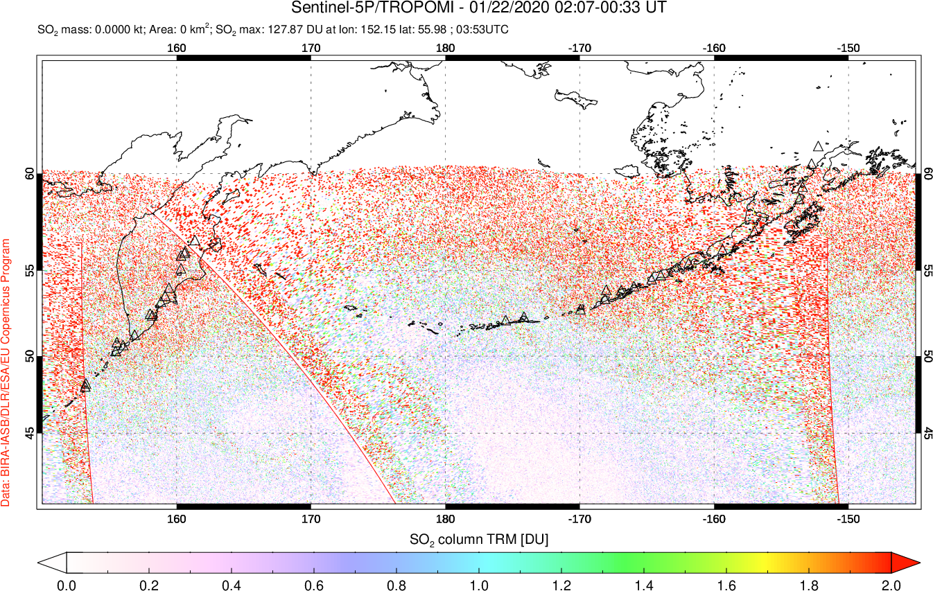 A sulfur dioxide image over North Pacific on Jan 22, 2020.