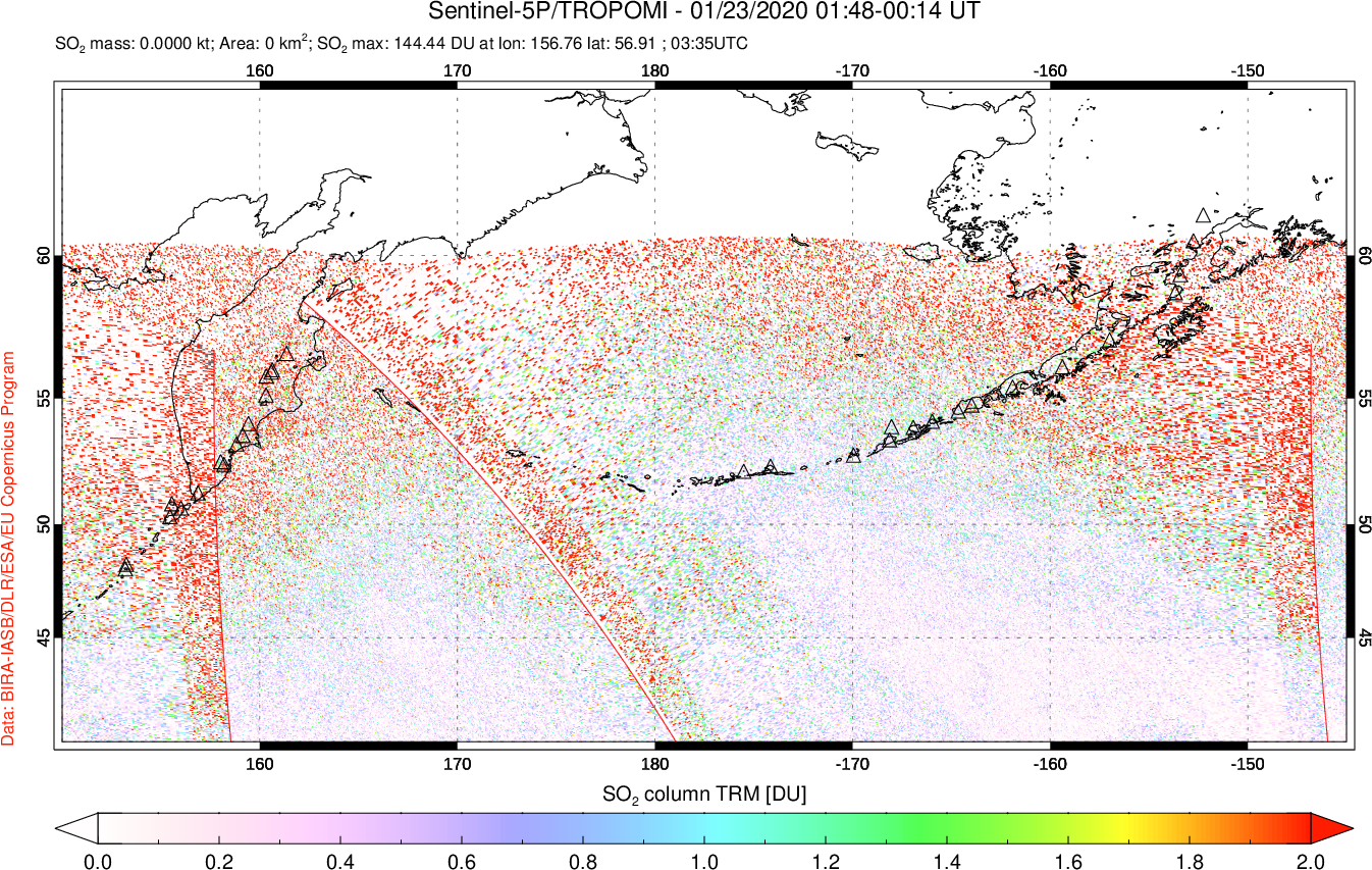 A sulfur dioxide image over North Pacific on Jan 23, 2020.