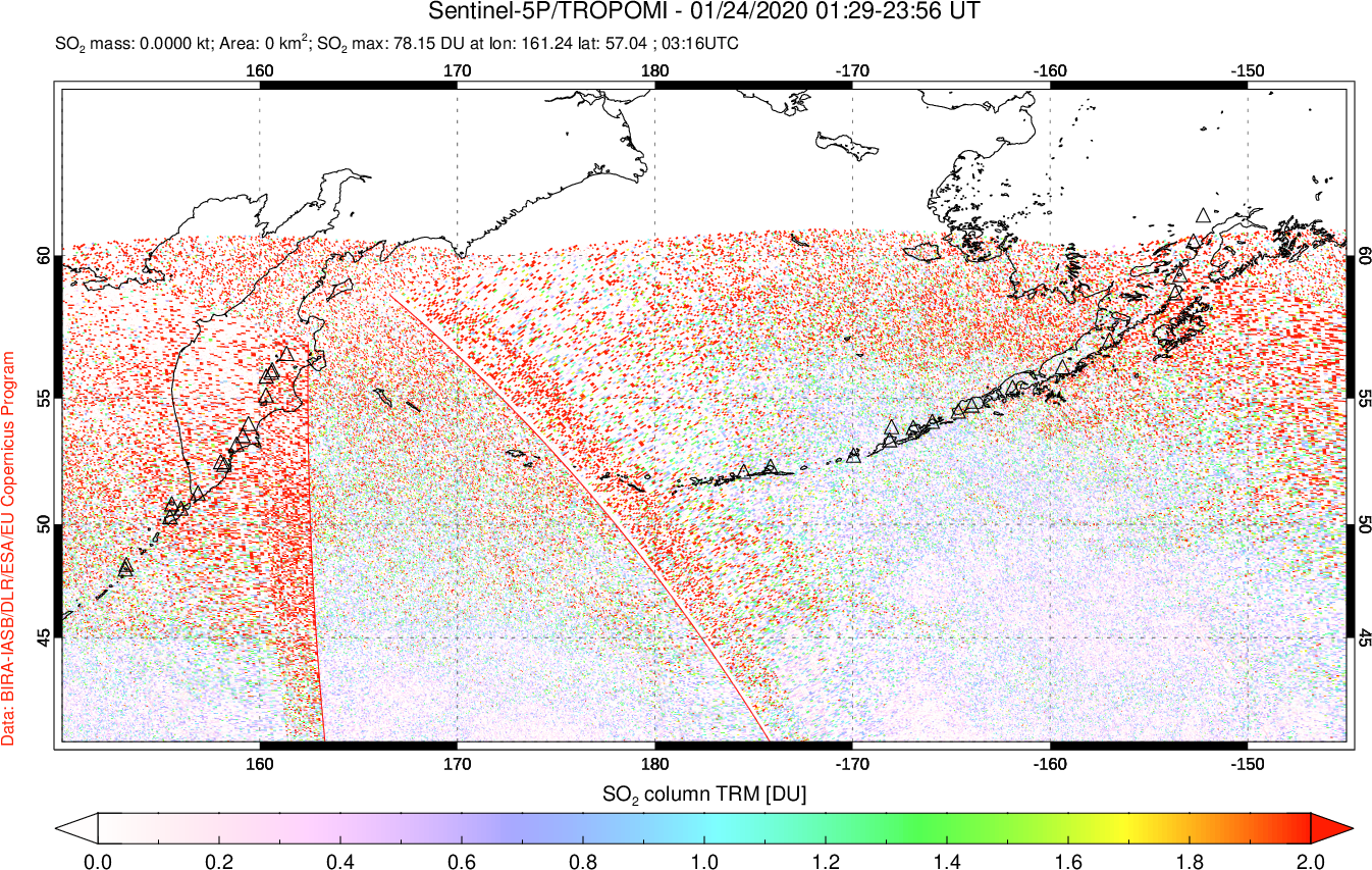 A sulfur dioxide image over North Pacific on Jan 24, 2020.