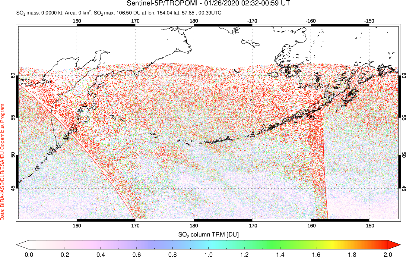 A sulfur dioxide image over North Pacific on Jan 26, 2020.