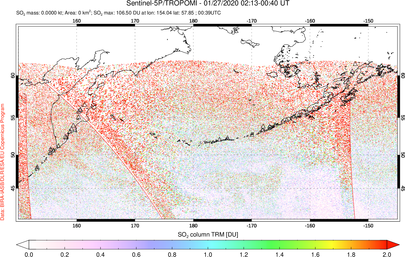 A sulfur dioxide image over North Pacific on Jan 27, 2020.