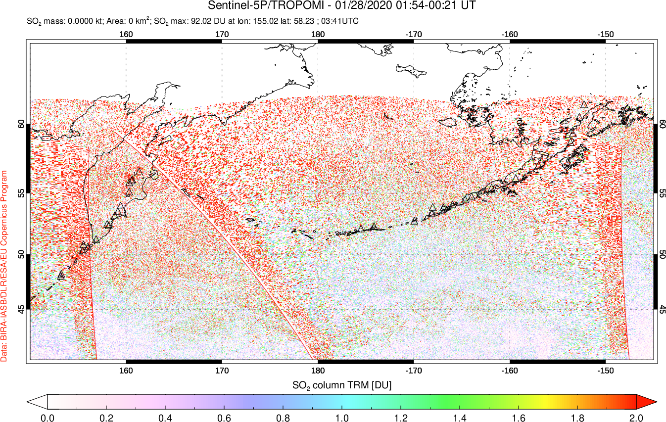 A sulfur dioxide image over North Pacific on Jan 28, 2020.