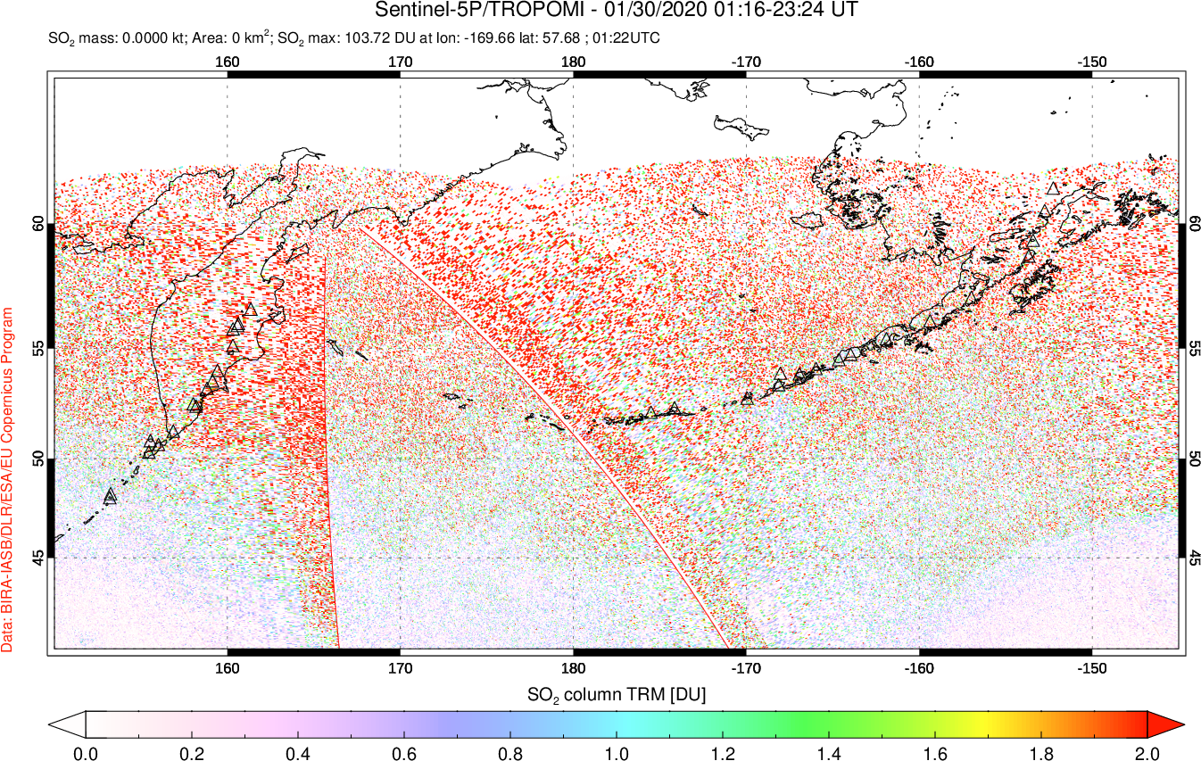 A sulfur dioxide image over North Pacific on Jan 30, 2020.