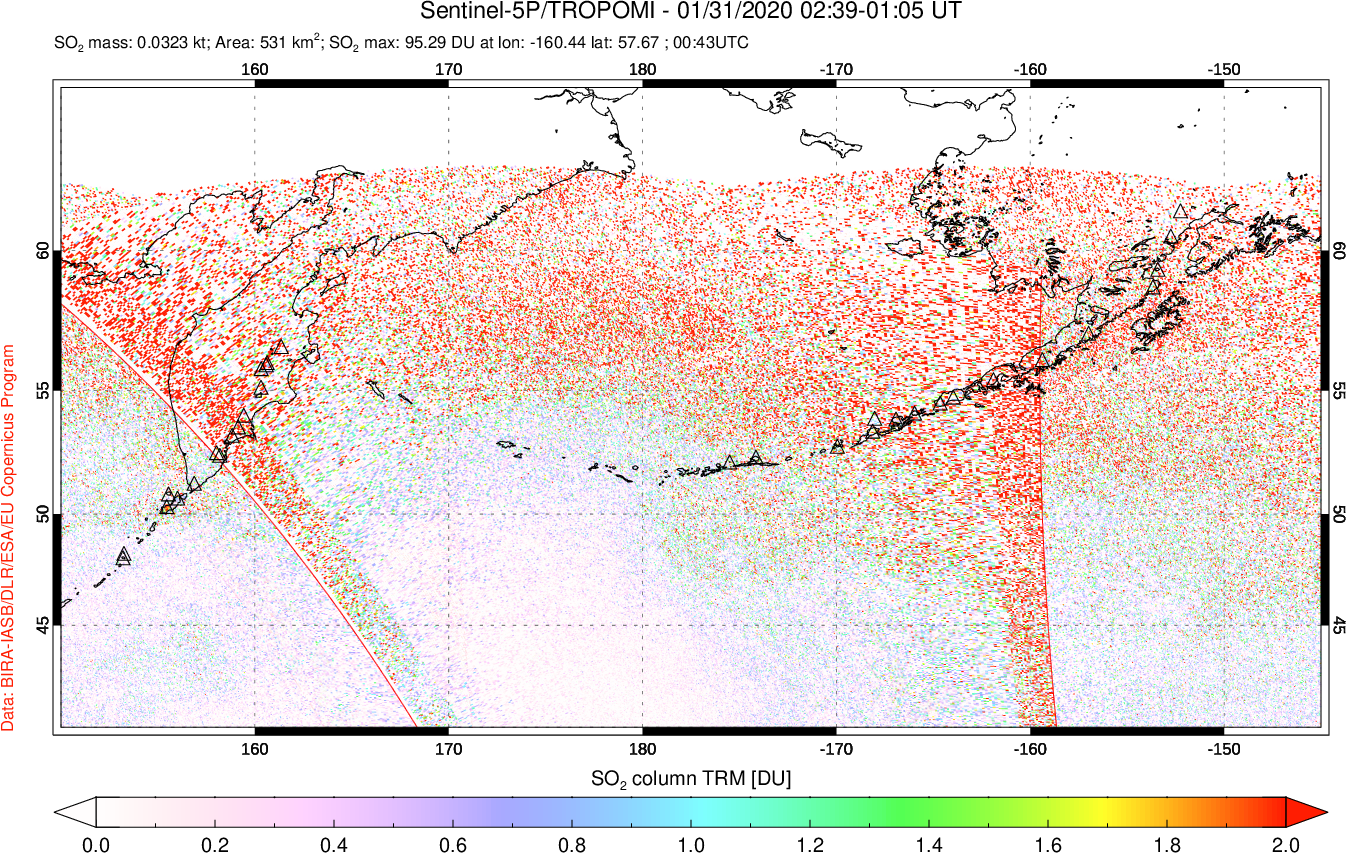 A sulfur dioxide image over North Pacific on Jan 31, 2020.