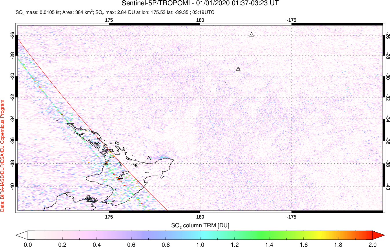 A sulfur dioxide image over New Zealand on Jan 01, 2020.