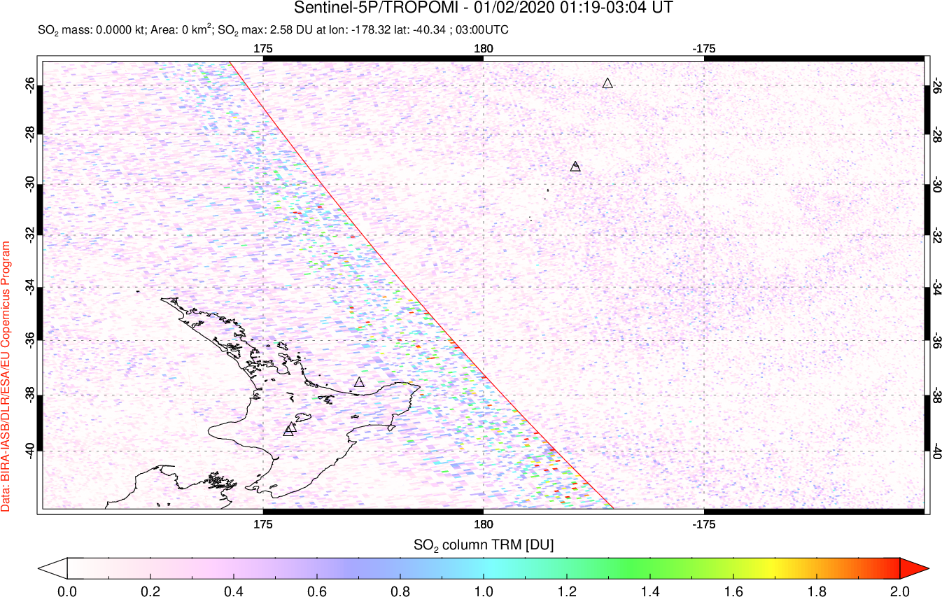 A sulfur dioxide image over New Zealand on Jan 02, 2020.