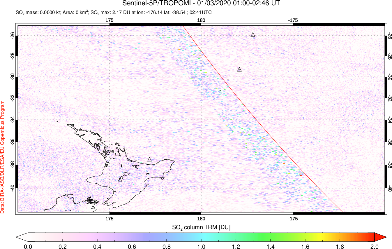 A sulfur dioxide image over New Zealand on Jan 03, 2020.