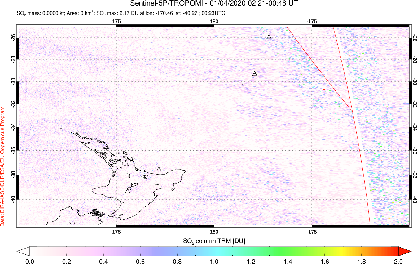 A sulfur dioxide image over New Zealand on Jan 04, 2020.