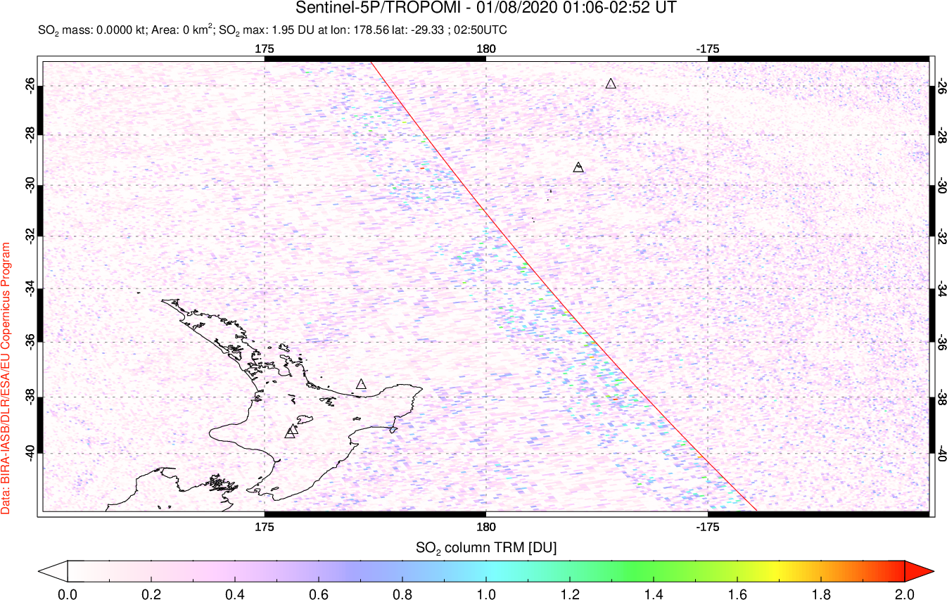 A sulfur dioxide image over New Zealand on Jan 08, 2020.