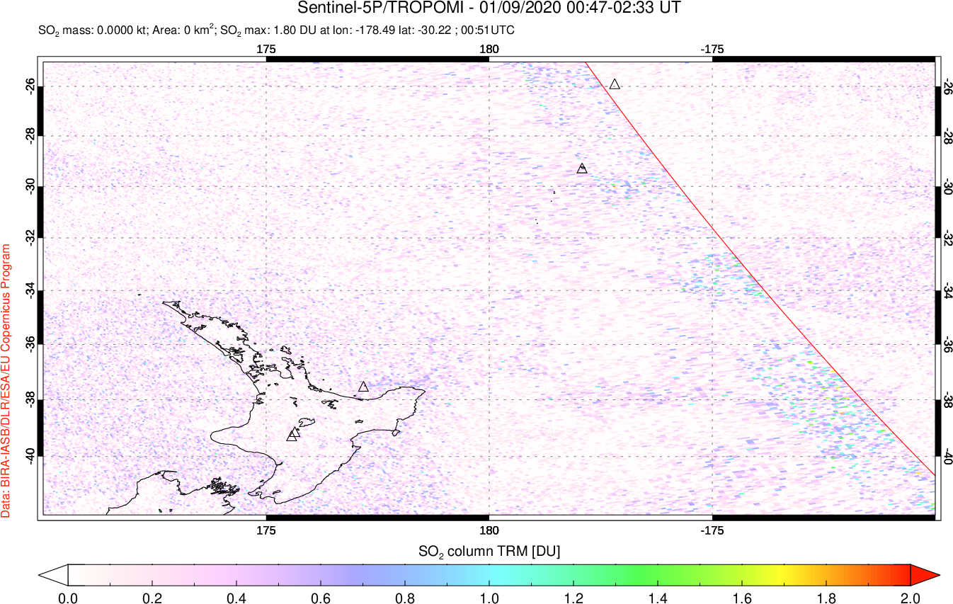 A sulfur dioxide image over New Zealand on Jan 09, 2020.