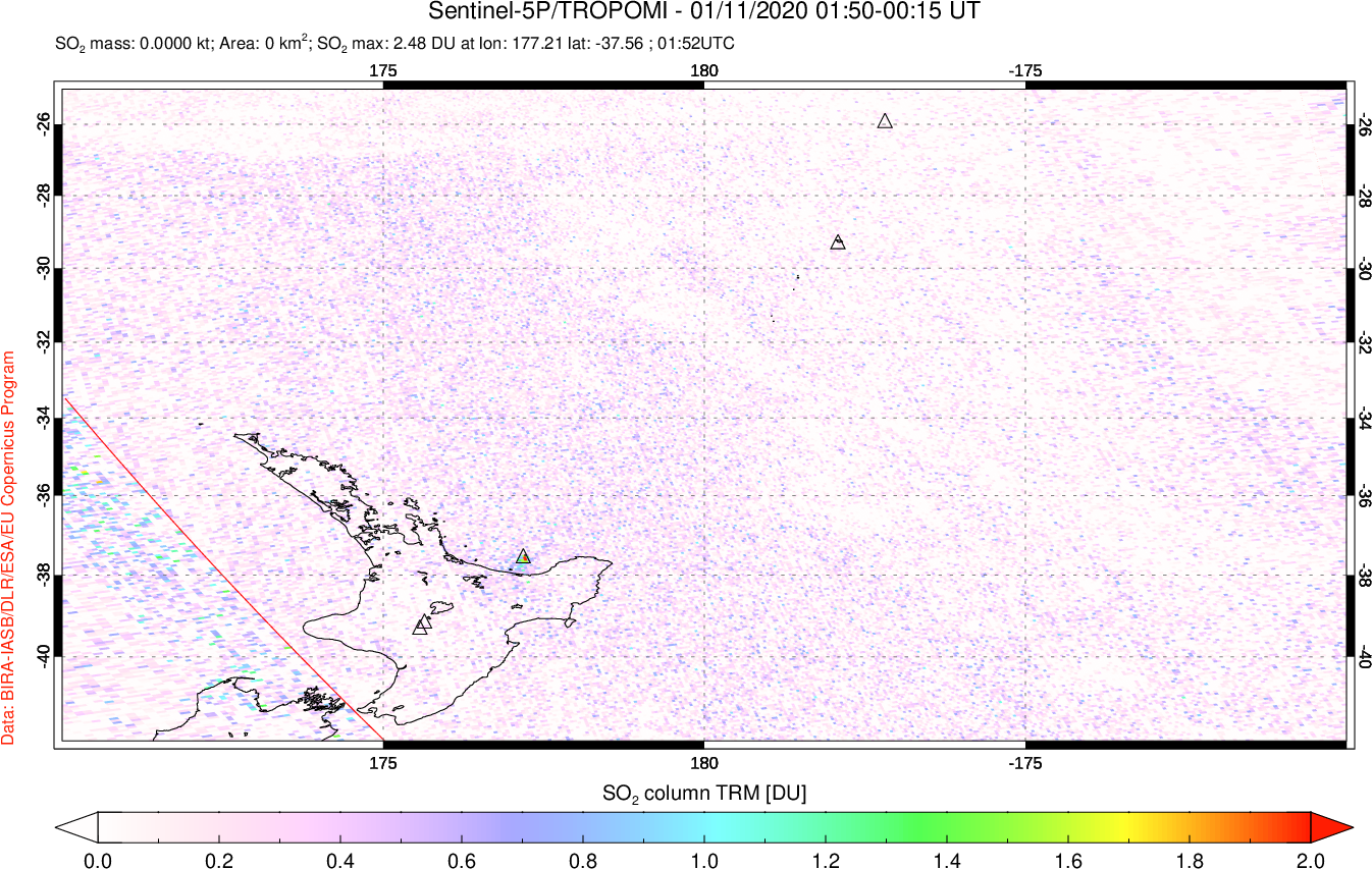 A sulfur dioxide image over New Zealand on Jan 11, 2020.