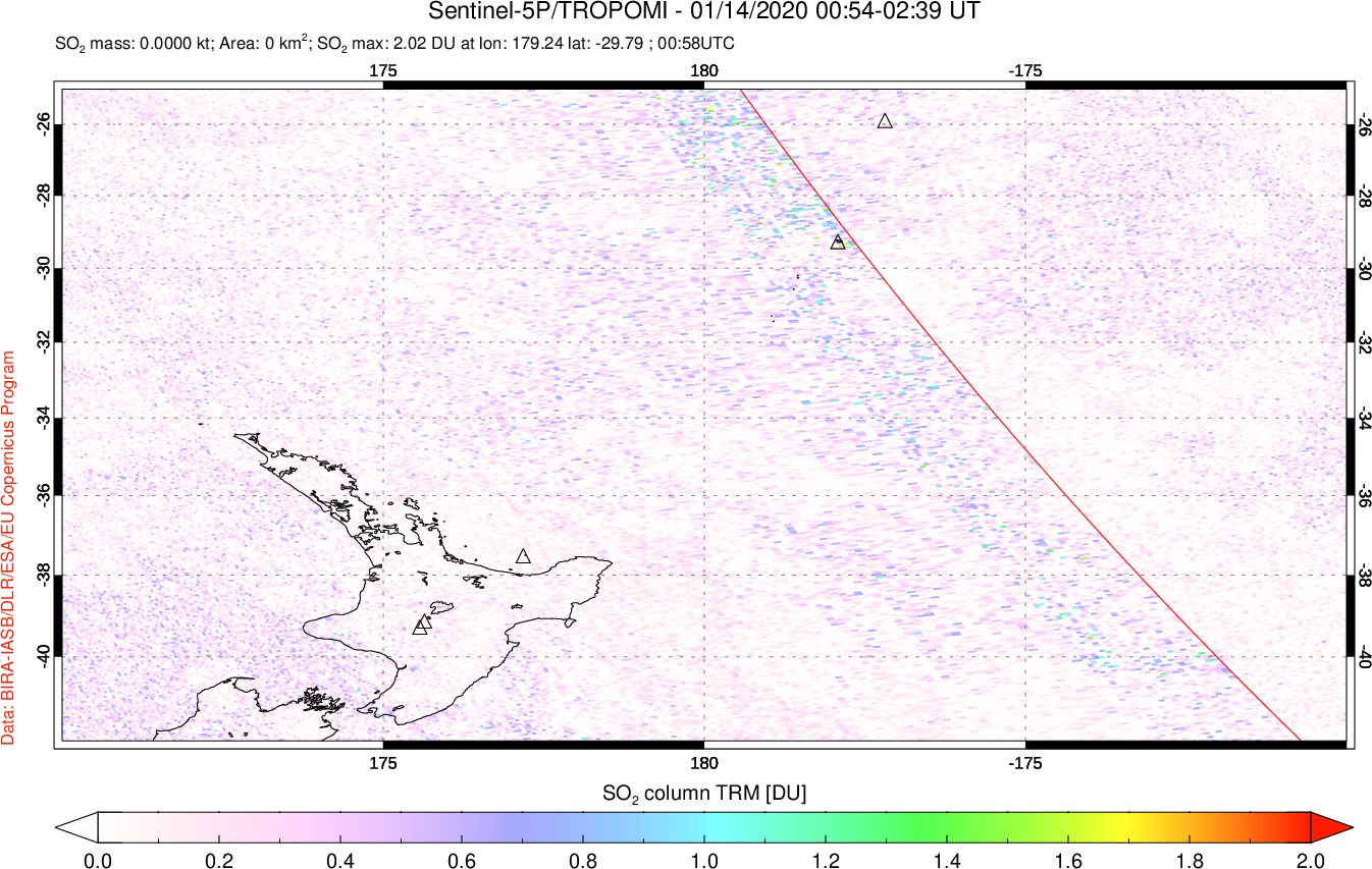 A sulfur dioxide image over New Zealand on Jan 14, 2020.