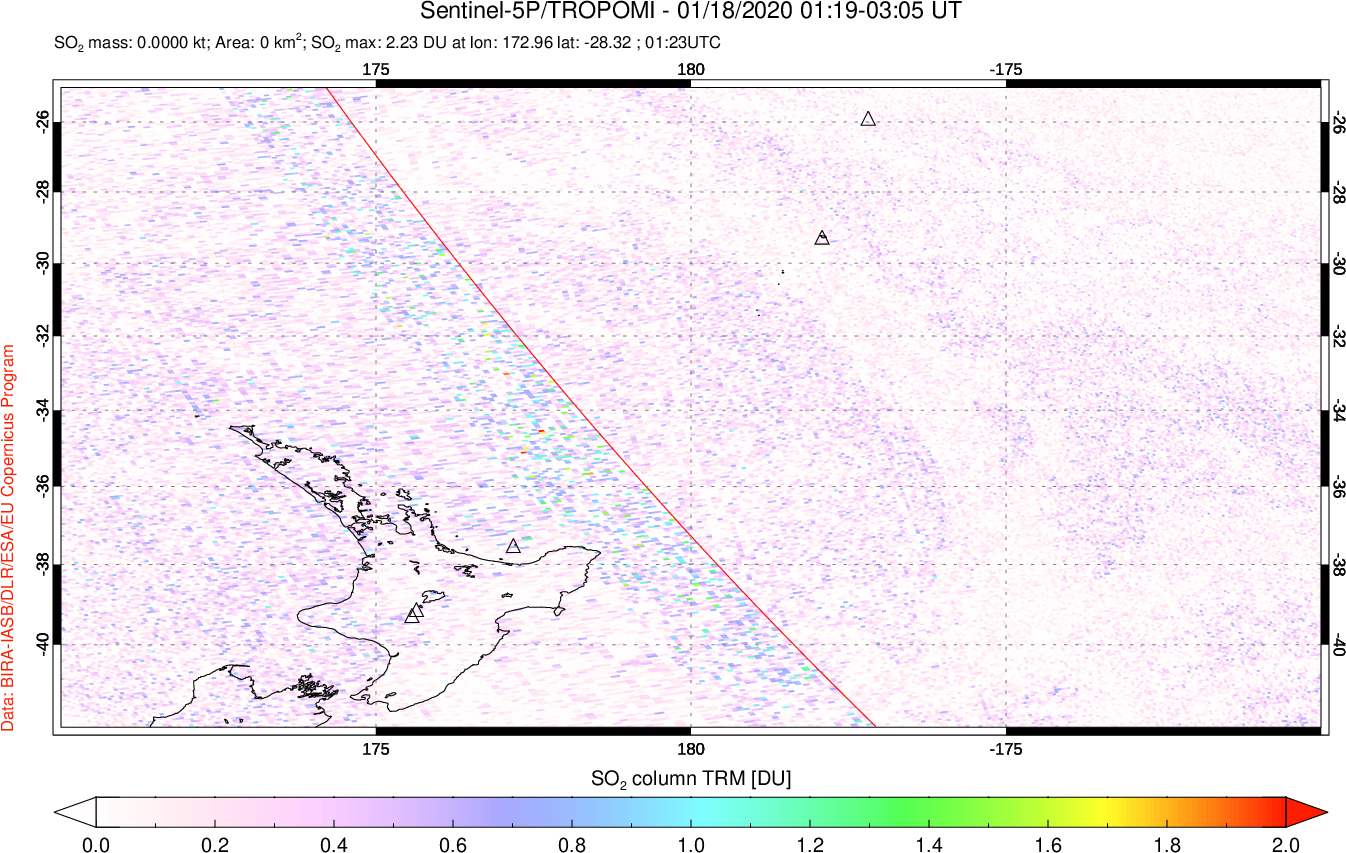 A sulfur dioxide image over New Zealand on Jan 18, 2020.