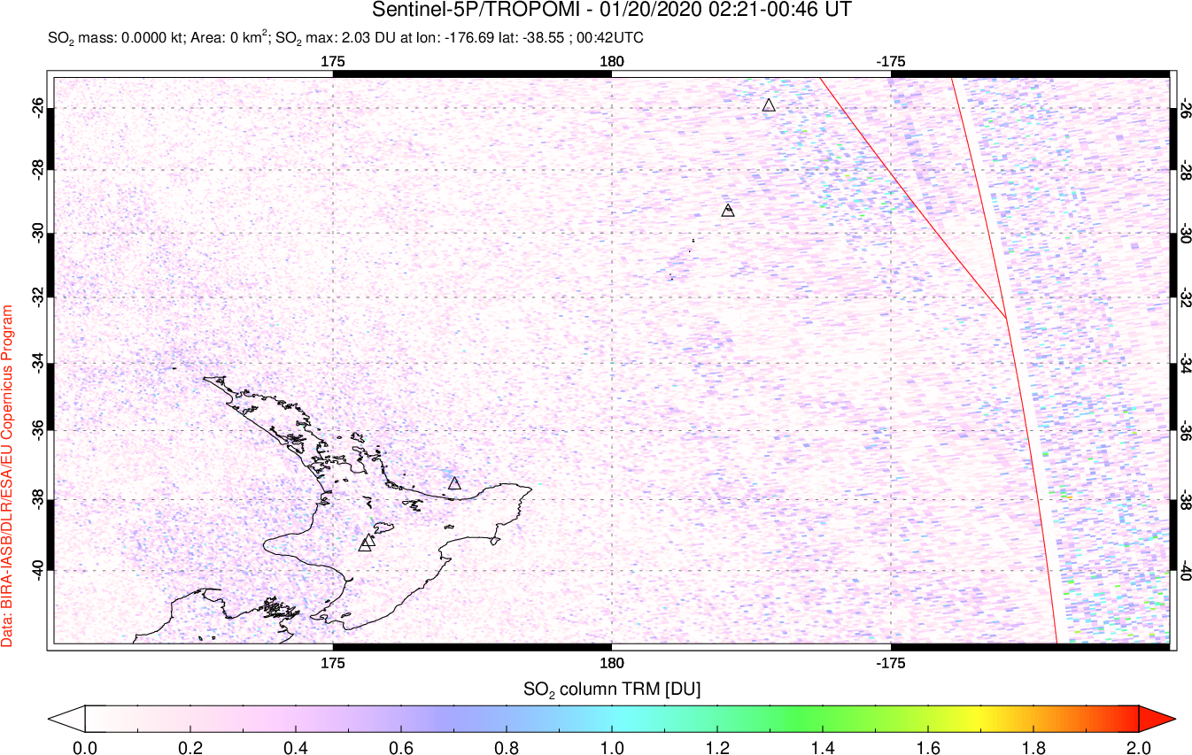 A sulfur dioxide image over New Zealand on Jan 20, 2020.