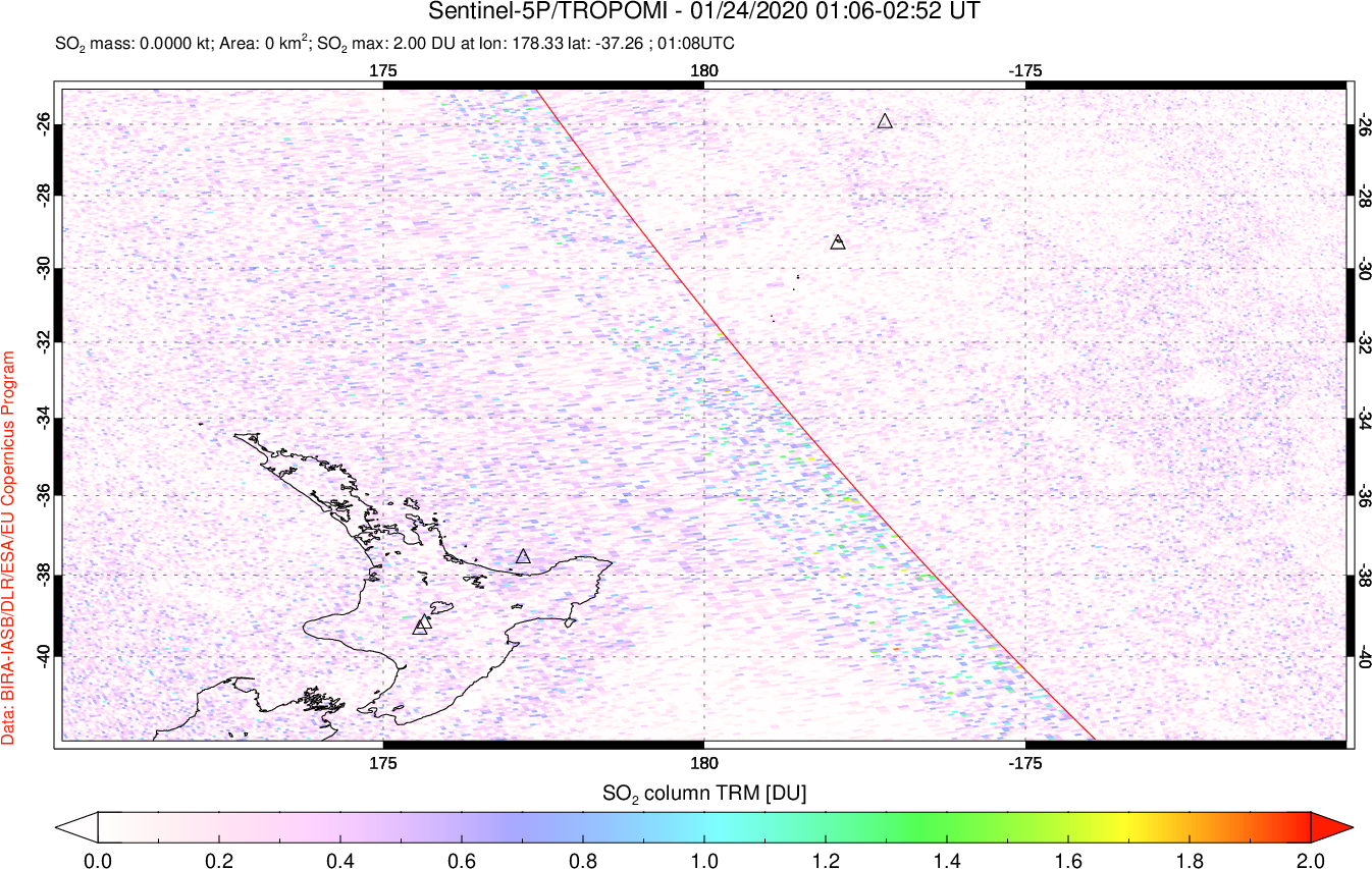 A sulfur dioxide image over New Zealand on Jan 24, 2020.
