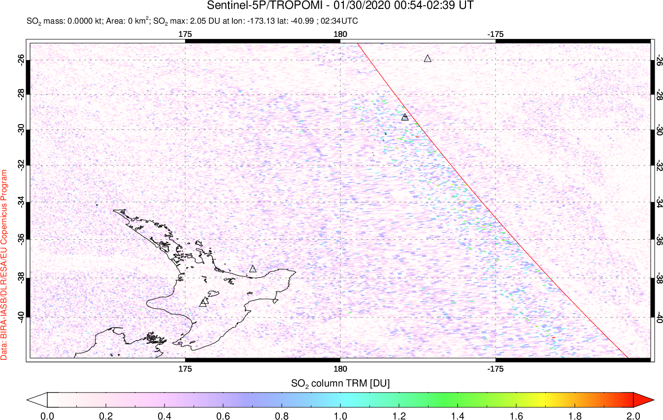A sulfur dioxide image over New Zealand on Jan 30, 2020.