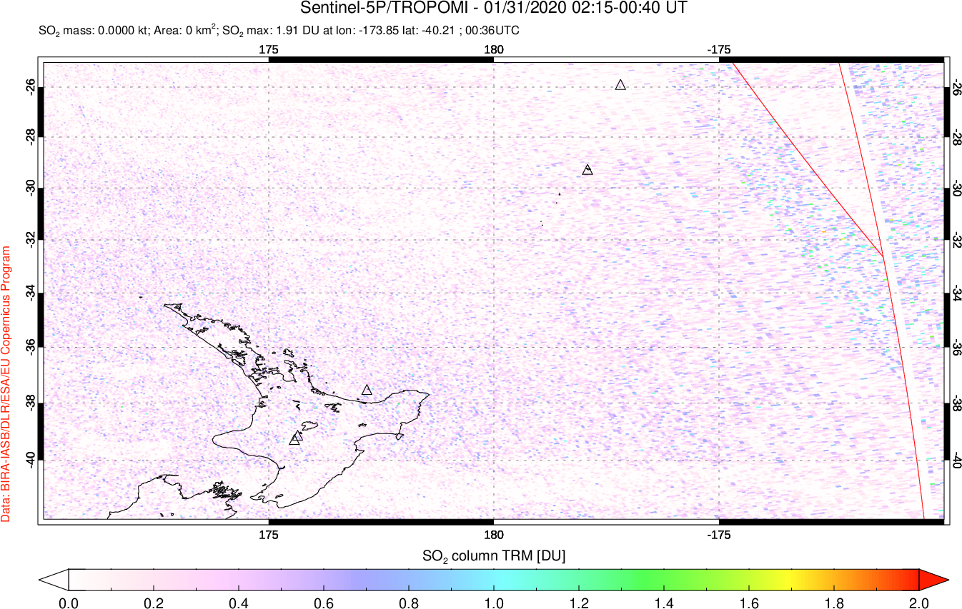 A sulfur dioxide image over New Zealand on Jan 31, 2020.