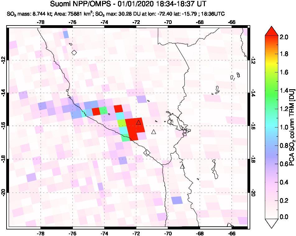 A sulfur dioxide image over Peru on Jan 01, 2020.
