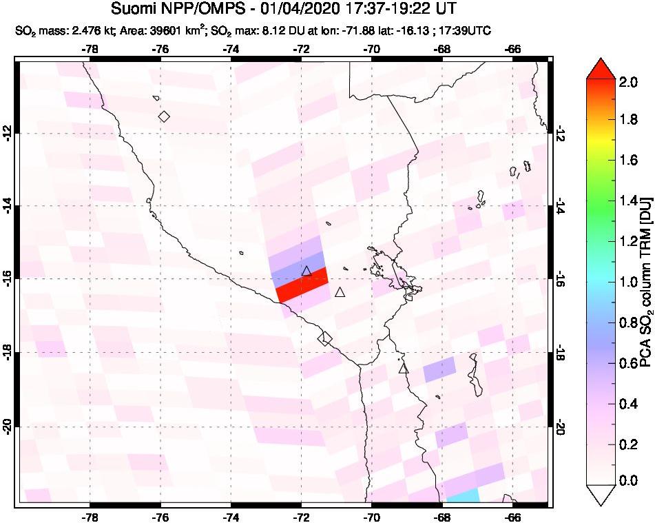 A sulfur dioxide image over Peru on Jan 04, 2020.