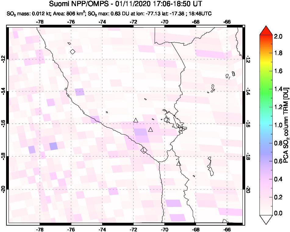 A sulfur dioxide image over Peru on Jan 11, 2020.