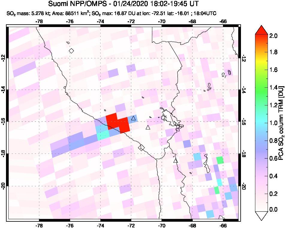 A sulfur dioxide image over Peru on Jan 24, 2020.