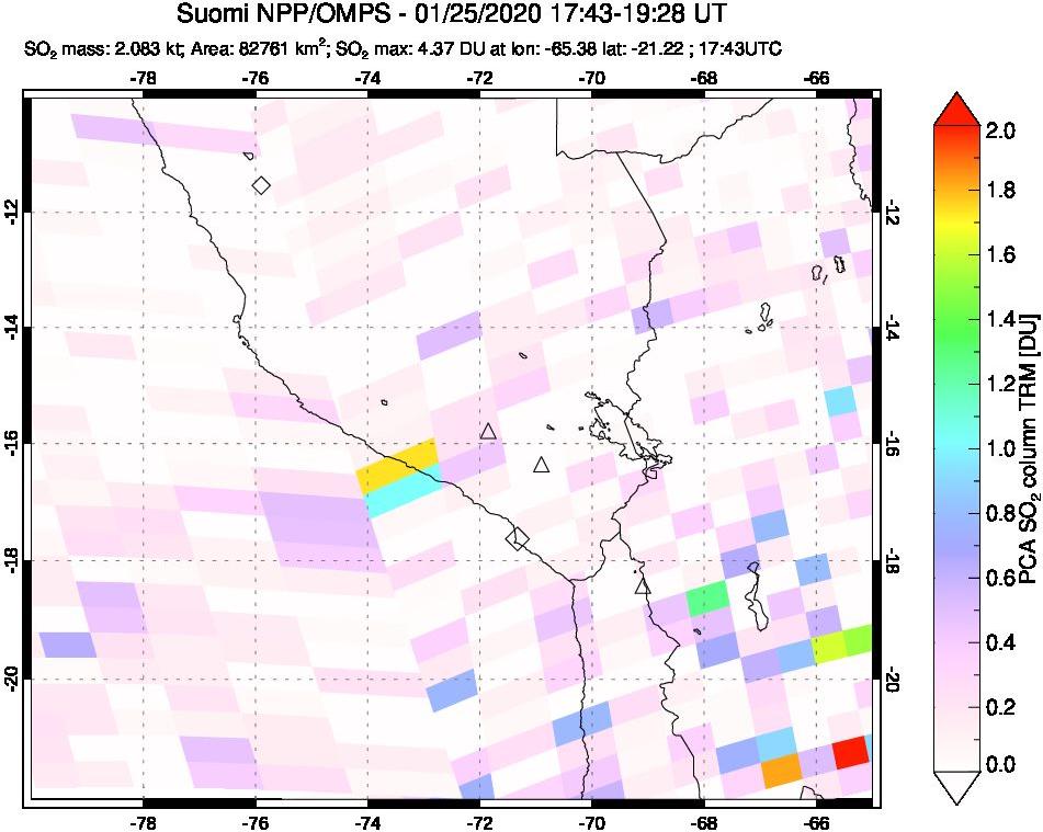 A sulfur dioxide image over Peru on Jan 25, 2020.