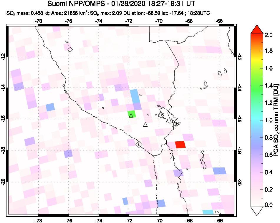 A sulfur dioxide image over Peru on Jan 28, 2020.