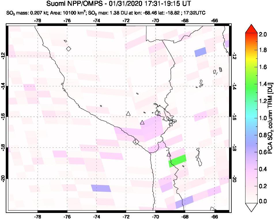 A sulfur dioxide image over Peru on Jan 31, 2020.