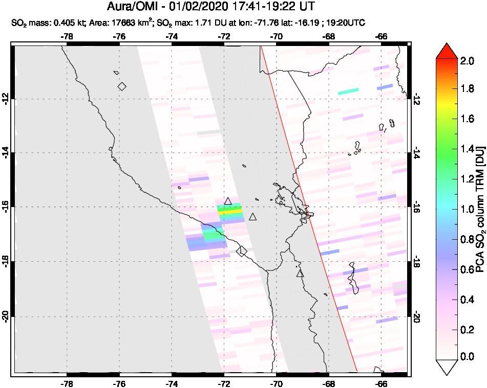 A sulfur dioxide image over Peru on Jan 02, 2020.