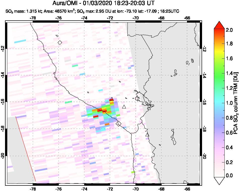 A sulfur dioxide image over Peru on Jan 03, 2020.