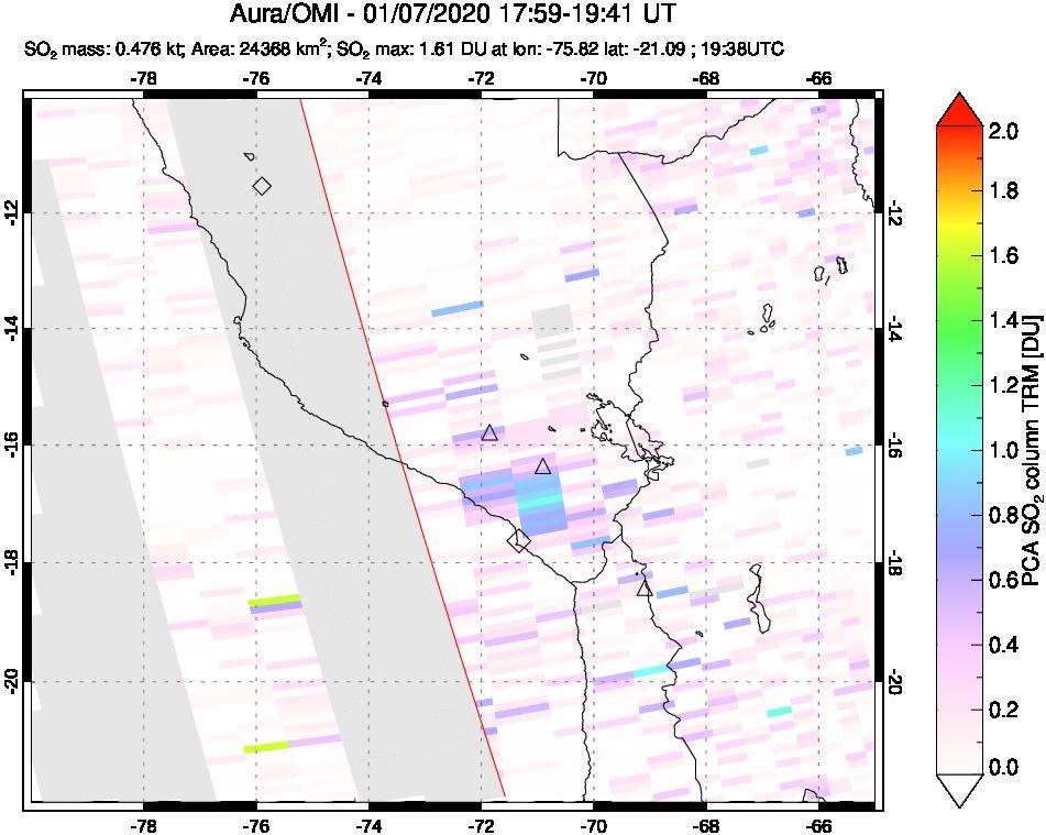 A sulfur dioxide image over Peru on Jan 07, 2020.