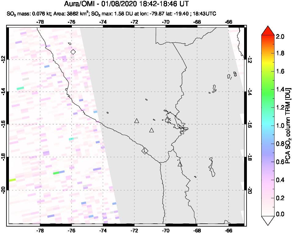 A sulfur dioxide image over Peru on Jan 08, 2020.