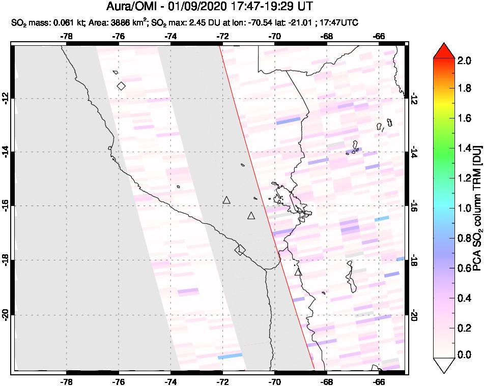 A sulfur dioxide image over Peru on Jan 09, 2020.