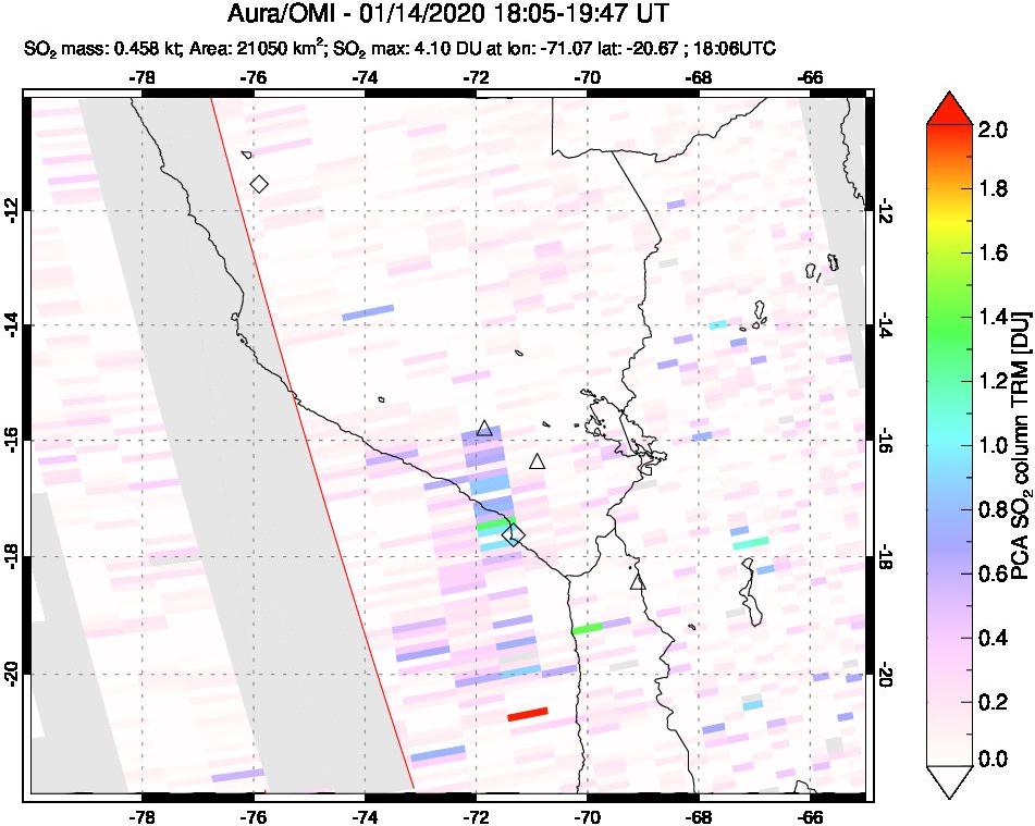 A sulfur dioxide image over Peru on Jan 14, 2020.