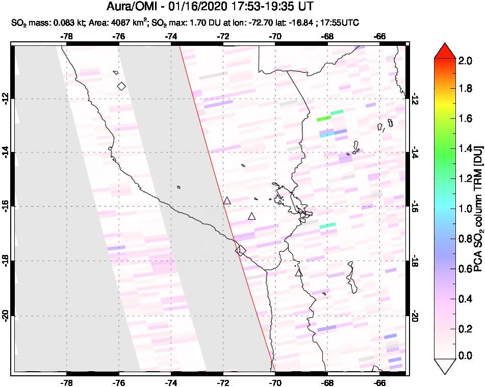 A sulfur dioxide image over Peru on Jan 16, 2020.