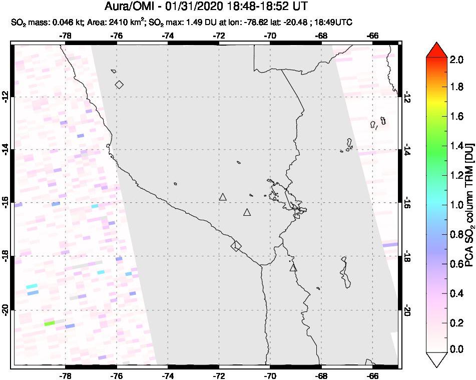 A sulfur dioxide image over Peru on Jan 31, 2020.